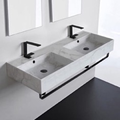 Marble Design Ceramic Wall Mounted Double Sink With Black Towel Holder